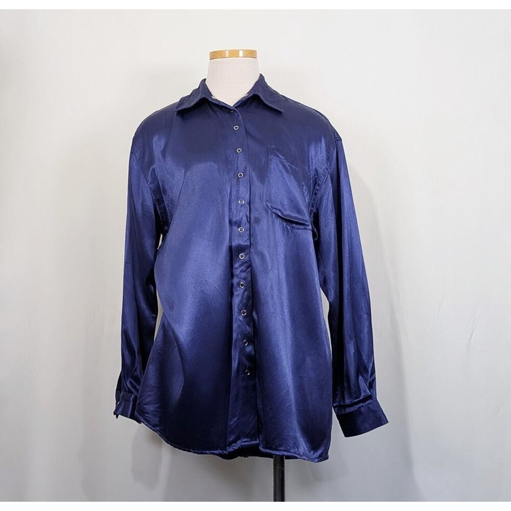 Vintage 90s Blouse Violet Blue Satin Snap Front Top Shirt Women's Size S